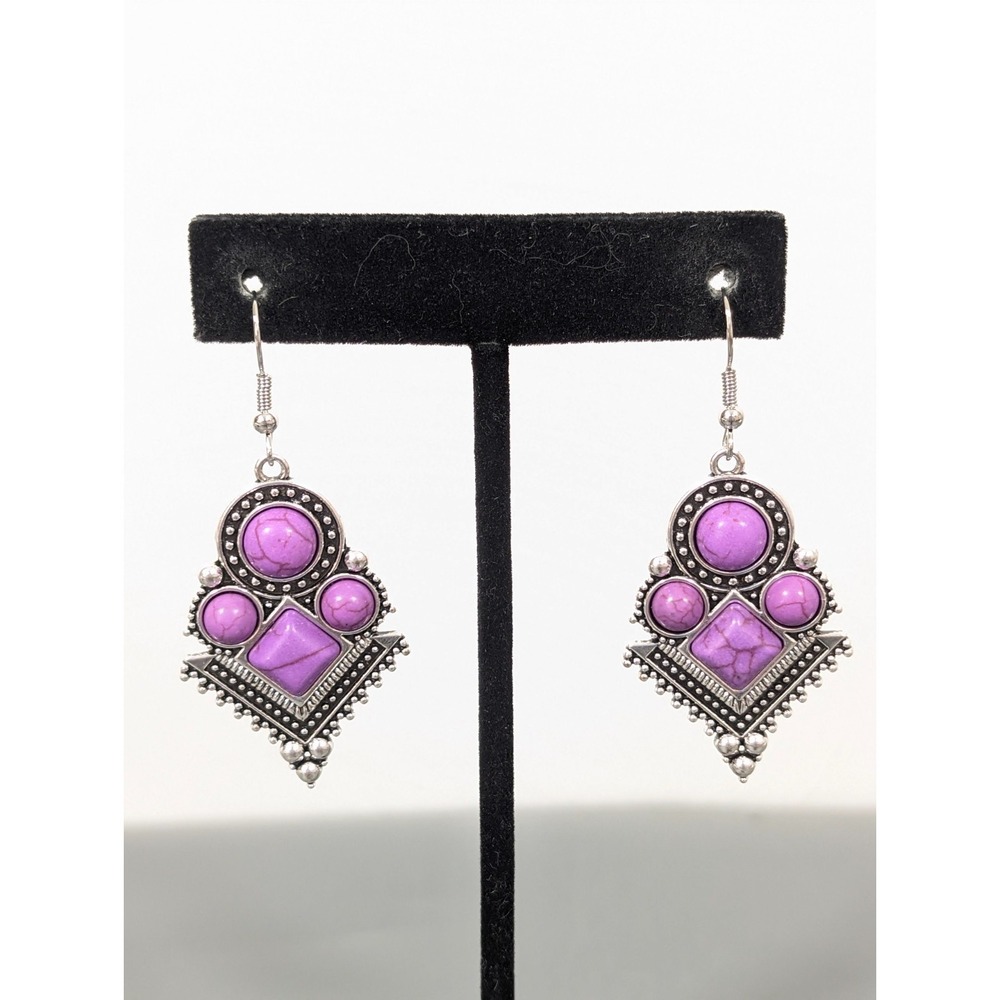 Boho Western Purple Faux Stone Cabochon‎ Dangle Pierced Earrings Silver Tone